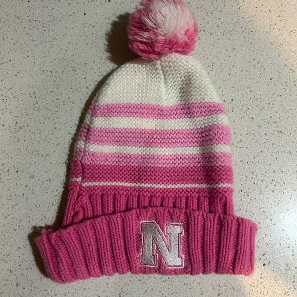 Nebraska Striped Pink and White Kids Beanie with Pom Pom - Picture 1 of 4